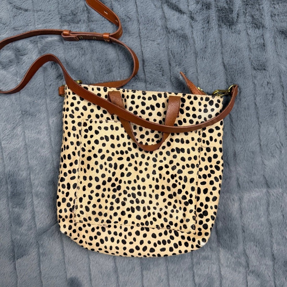 Madewell Leopard Print Calf Hair Small Transport Tote Crossbody Bag Tan Leather - Picture 4 of 6